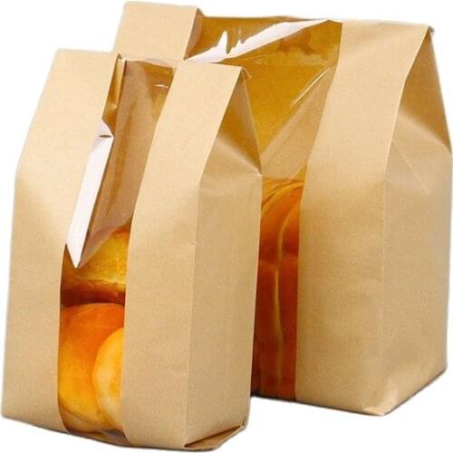 WincoPack Bakery Brown Packaging Kraft Paper Bags With Window Square Bottom Bag for Bread/Cake/Sandwich