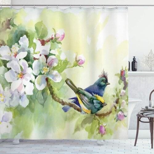 Flowers Shower Curtain Watercolor Style Effect Birds of Spring on Tree Branch Illustration Bathroom Decor Set with Hooks 70"