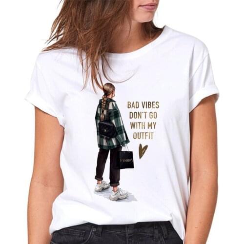 Bad vibes Don't go with my outfit Summer Women T Shirt Casual Tops Tee White Short Sleeve T Shirt Woman Harajuku T-shirt Clothes