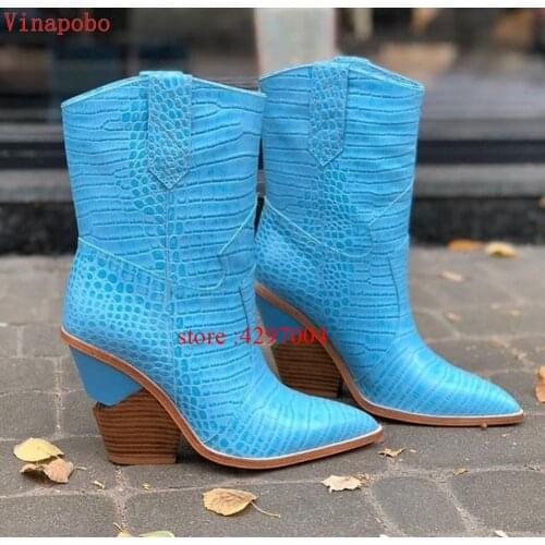 2019 Spring New Cowboy Boots For Women Pointed Toe ankle Boots snake pattern Mid-calf Women Boots Chunky Wedges Boots Runway