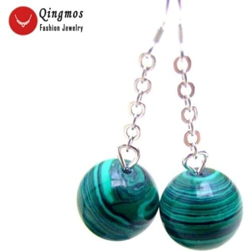Qingmos Natural Agates Earrings for Women with 14mm Round Dark Green Stripe Agates Dangle Hook Earrings Fine Jewelry Ear334