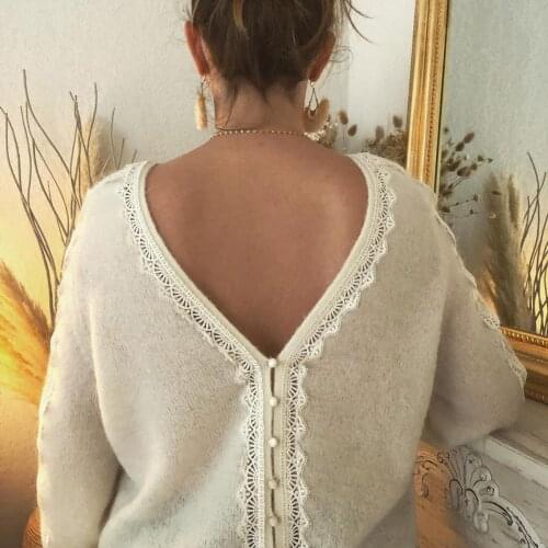 Valentine Lace Patchwork Sweater Women Autumn Winter Puff Sleeve V-neck Jumper Cardigan 2021 Vintage Chic Casual Sweaters Femme