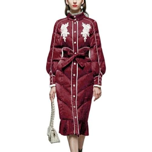 New arrival office lady lantern sleeve white dunck down coat women stand collar slim embroidered mermaid down outerwear