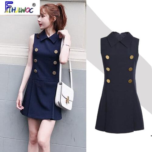 2020 Summer Mini Cute Dresses Hot Sales Women Sleeveless Sweet Girls Navy Blue Fashion Preppy Style Double Button Shirt Dress