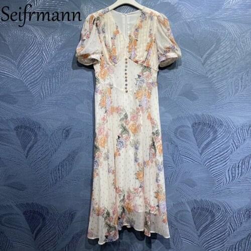 Seifrmann New 2021 Summer Women Fashion Runway Party Long Dress Lantern Sleeve High Waist Floral Printed Mesh Dresses Vestidos