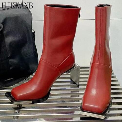 Spring Autumn Shoes Women Genuine Leather Square Toe Short Boots Metal High Heel Chelsea Boots Back Zipper Ankle Boots Female