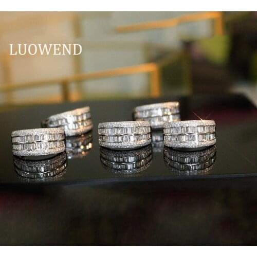 LUOWEND 100% Solid 18K White Gold Rings Women Wedding Band 0.85 CT Row Drill Bague Natural Diamond Ring for Women Customize