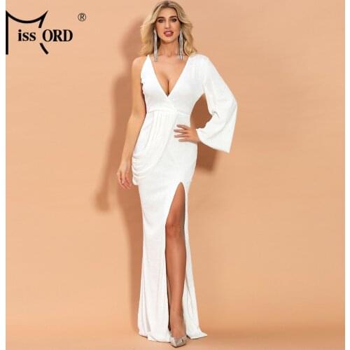 Missord 2021 Womem Deep V Off Shoulder Dresses Female Elegant Sequin Backless One Sleeve High Split Maxi Dress FT20111