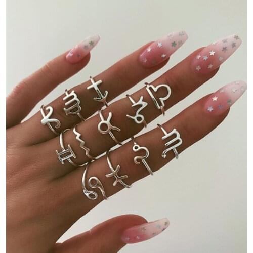 12pcs / lot Bohemian Vintage Silver Color Twelve Constellation Joint Ring Set Women Wedding Birthday Banquet Jewelry Accessories