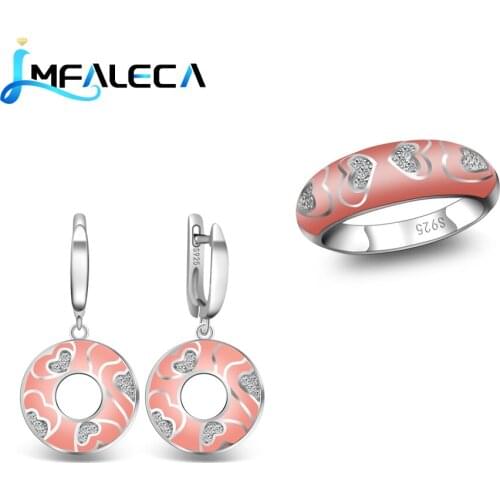 LMFALECA 925 Sterling Silver Earrings Ring Sets for Women Shiny Pink Enamel Decoration Jewelry with Stone Fine Round Jewelry