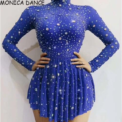 New Sexy Stage Nude Black Rhinestones Transparent Short Dress Women Dancer High Collar Outfit Prom Birthday Celebrate Dress