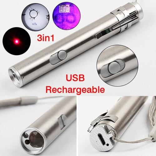 NEW Super Bright 3in1 500LM Portable Multifunction Mini Pocket LED Laser UV Pen Torch Flashlight Hunting Camping Hook
