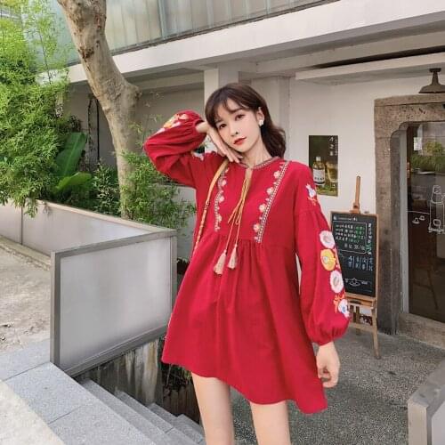 Autumn 2020 Womens Dress Retro National Style Cotton Hemp Embroidered Red Long-sleeved Dress