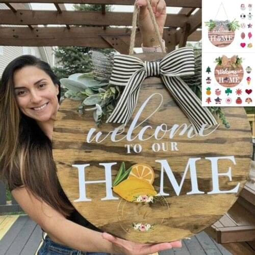 Interchangeable Door Hanging Wall Wooden Round Wreath Hanger Outdoor Front Vertical Welcome Sign Seasonal Rustic Home Decoration