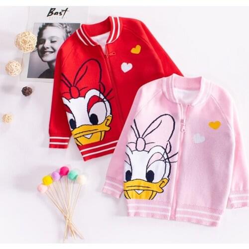 Disney Donald Duck Girls' Sweater Spring and Autumn New Cute Cartoon Girls Treasure Baseball Jacket Childrens Knitting Cardigan