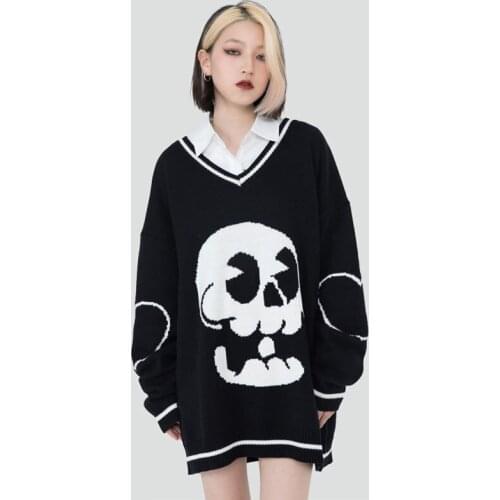 Halloween Men Women Skull Sweater Mens Streetwear Hip Hop Oversize Loose V-neck Pullover Sweater Couple Knitwear Tops