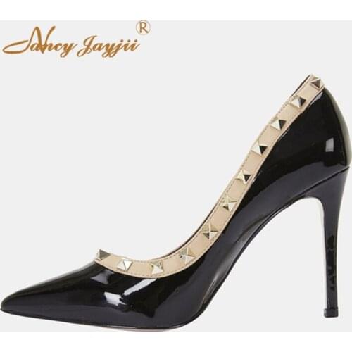 Famous Brand Black Red Rivet Pointed Toe High Stliettos Pumps Woman Soft Leather Heels For Ladies Shoes Large Size 11 12 Mature