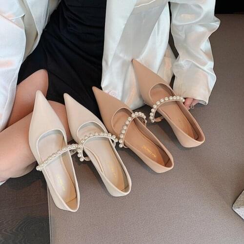 Fashion Pointed Toe Women Slip On Pumps Office Shoes White/Beige Pearl Design Thin Low Heels Fashion Work Pumps Size 35-39