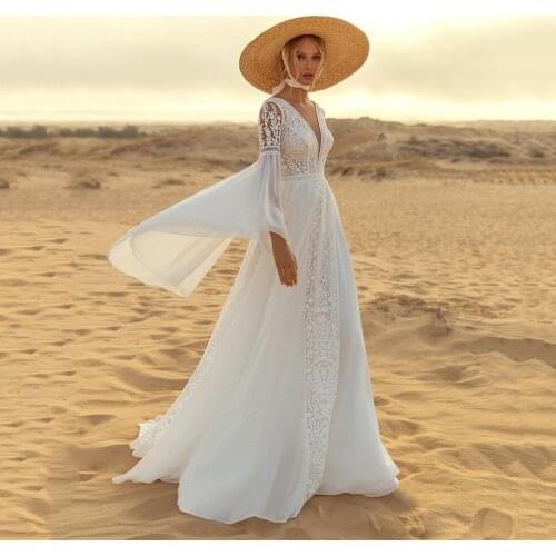 UZN Ivory BOHO Lace Wedding Dress V Neck Puff Sleeves Chiffon Bridal Gown Sexy Backless A Line Sweep Train Vestido De Novia