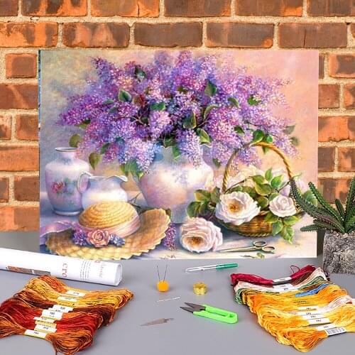Lilac Flower Printed Water-Soluble Canvas 11CT Cross Stitch Kit Embroidery DMC Threads Hobby Handiwork Painting Package