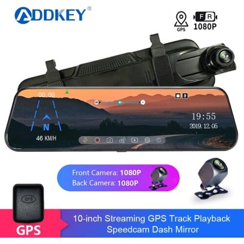 ADDKEY 10" 1080P Car DVR Touch Screen stream media GPS Track Playback Time-lapse Video Recorder Rear view mirror Backup camera