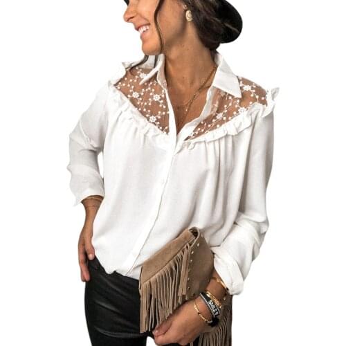 Women Shirt Lace Turn-down Collar Long Sleeve Ruffles Solid Top for Female Formal Blouse White Office Lady