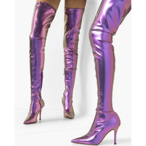 Women Mirror Microfiber Over The Knee Boots Fashion Zipper Thin High Heel Long Boots Ladies Pointed Toe Winter Boots Woman