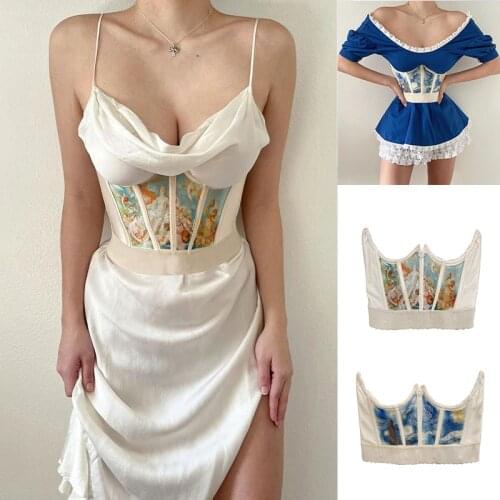 2021Print Patchwork Fishbone Crown Corset Top Y2K Summer Women Sexy Fashion Wild Streetwears Paty Club Outfits