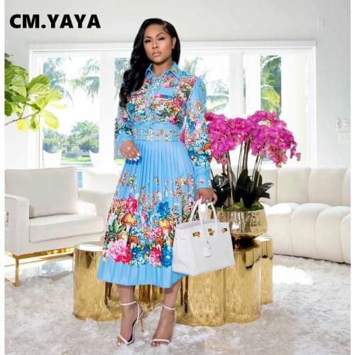 CM.YAYA Women Midi Dress Print Full Sleeve Turn-down Collar Side Zipper A-line Dresses Office Lady Fashion Vestidos Autumn 2021