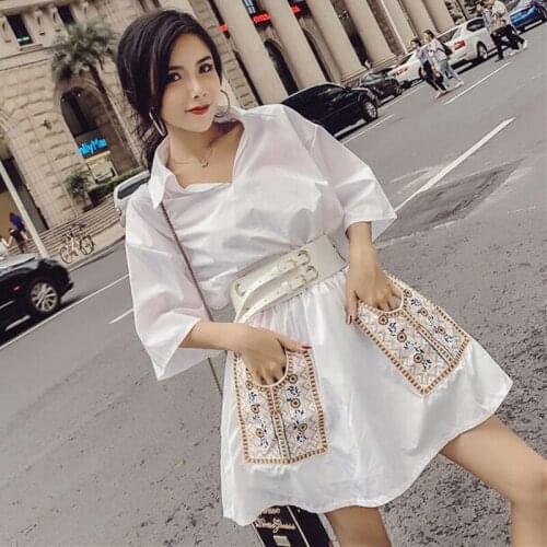 Summer Embroidery Floral Pocket Dress Women Casual Lapel Belt Half Sleeve Loose Dresses High Street Vestidos Female Tide G1184