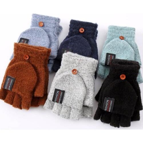 Winter Acrylic Wool Plus Plush Thick Jacquard Knit Warm Half Finger Flap Writing Mittens Men Touch Screen Knit Typing Gloves J8