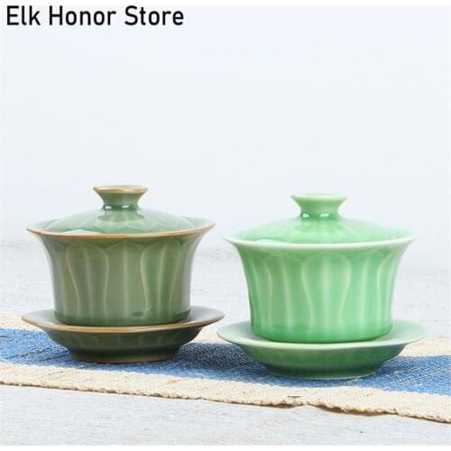 150ml Lotus Arabesquitic GaiWan Celadon Jade Porcelain Tea Bowl With Saucer Lid Kit Master Sopera Milk Oolong Kung Fu Tea Sets