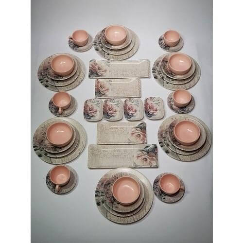 Flower Pattern 44 Pieces Breakfast Dinner Plates for 6 People Tableware Platter Serving Platter Meals Stamping Plates Platter