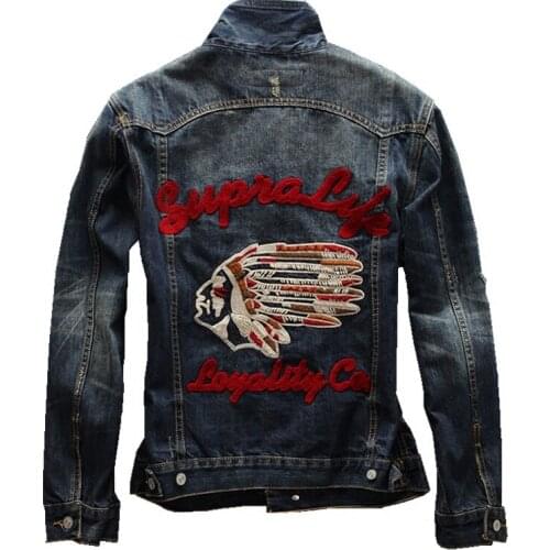 Denim Cotton Coats Streetwear Hip Hop Japanese Vintage Fashion Men Jackets Indian Chief Embroidery Designer