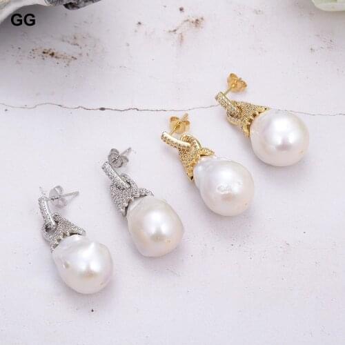 GuaiGuai Jewelry Freshwater White Keshi Pearl Gold Plated Cz Pave Earrings For Women