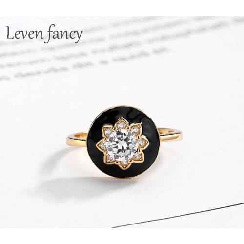 Black Enamel Round Button Clear Zircon Cz Star Flower Ring Sterling Silver 925 Cubic Zirconia Rings Bridal Engagement Open Rings
