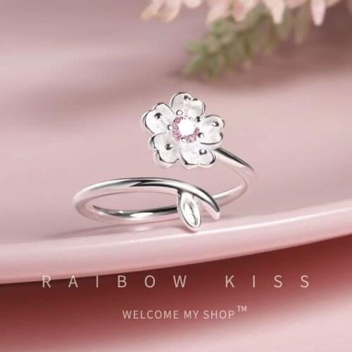 YOUNQ 925 Sterling Silver Cherry Blossom Ring Fashion Opening Adjustable Ring Delicate Pink Diamond Engagement Ring SBR002