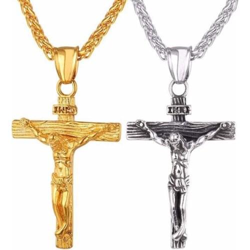 Mens Retro Cross Pendant Fashion Gothic Gold Plated Necklace Jesus Christ Father Pendant Long Chain Amulet Jewelry