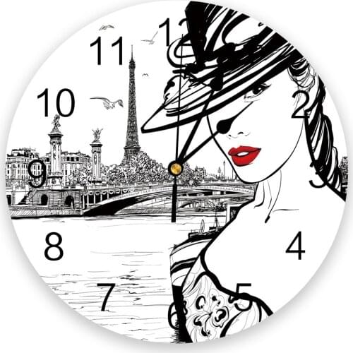 Paris Seine Woman Eiffel Tower Red Lips Paris Wall Clock Modern Design Hanging Watch for Home Decoration Living Room Wall Art
