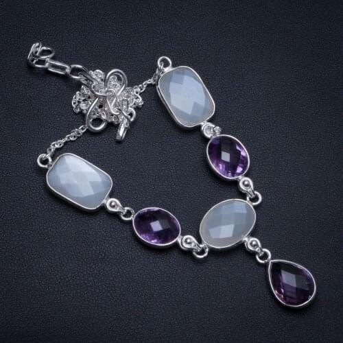 Natural Amethyst and Cat Eye Handmade Boho 925 Sterling Silver Y-Shaped Necklace 17" S3474