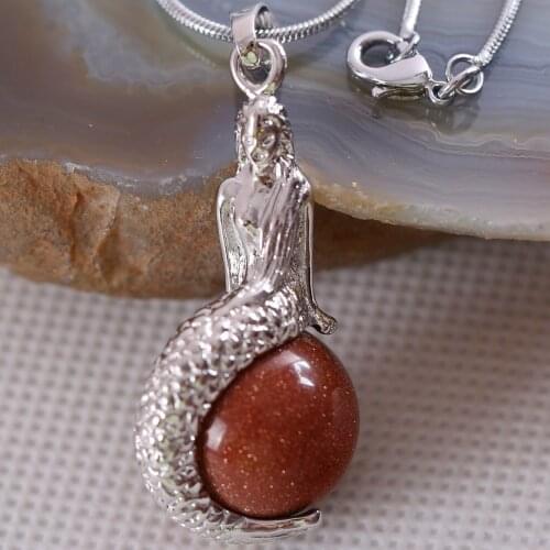 Natural Stone Mermaid Pendant Round Bead Golden Sandstone Necklace Pendant E857