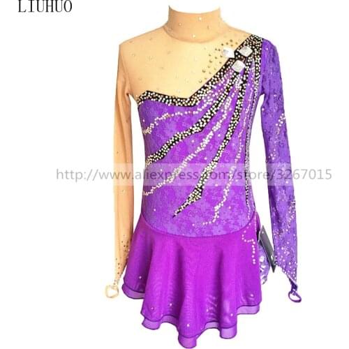 Figure Skating Dress Womens Girls' Ice Skating Dress Stand collar long sleeve Purple flesh sleeves Shiny rhinestone decoration