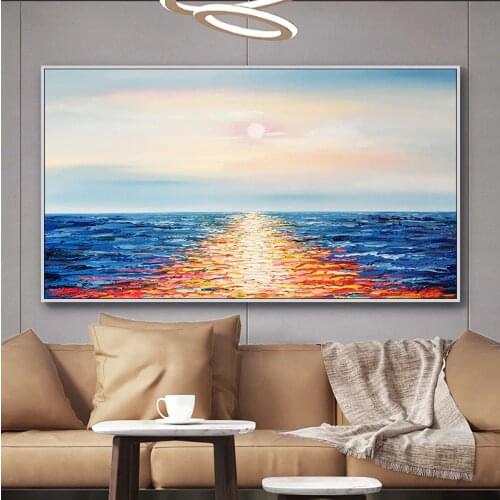 Hand painted sunset beach sea view wall art mountain canvas painting poster and printing living room modern wall art picture