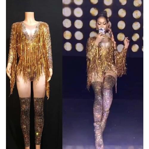 Rhinestone Bodysuit womens Gold Sequin Tassel Jumpsuit Long Sleeve Elastic Sexy Fashion Stage bar Wear nightclub dj ds Costumes