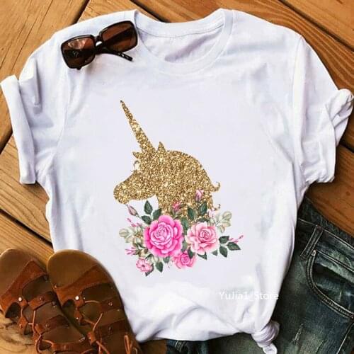 Golden Glitter Unicorn Print WomenS Tshirt Watercolor Pink Flowers Tshirt Femme Summer Tops Tee Shirt Female Harajuku Shirt