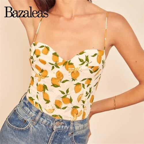 Bazaleas Vintage Lemon Print Slim Women Top Adjust Spaghetti Straps Women Camis Fashion Yellow Women Tank Top