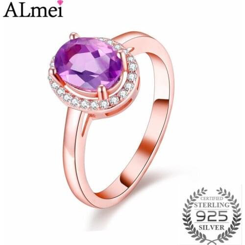 Almei Oval Cut Purple Amethyst Rings for Women 925 Sterling Silver Ring Fine Jewelry Wedding Engagement Ring with Box 40% FJ052
