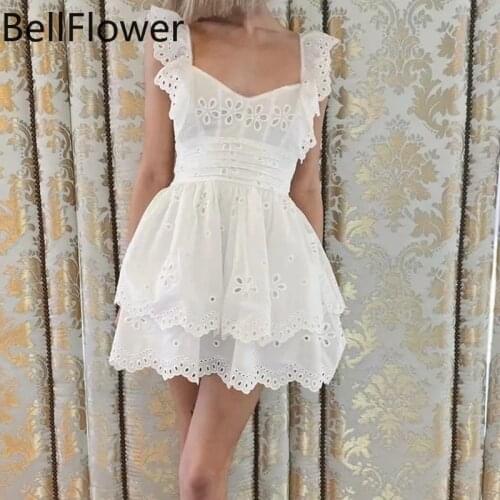 White Dress For Women Embroidery Hollow Out Casual Summer Dress Elegant Korean Fashion V-Neck Cotton Tank Solid Sexy Clothes