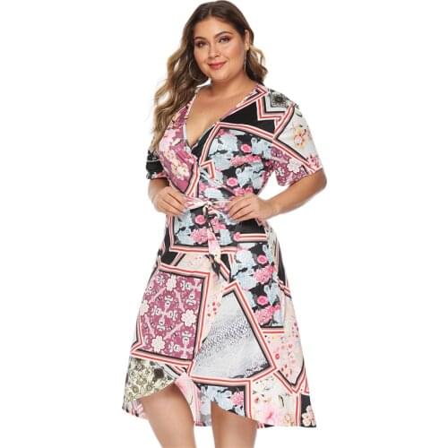 Plus Size Beach Dress Woman V-neck Cover Up Sundress Large Fat Womens Sashes Dresses Short Sleeve 2021 for Women Loose 3XL 4XL