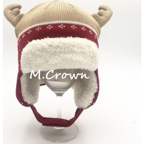 Winter Animal 3D Deer Horn Kids Childrens Warm Beanie Knit Hat Earmuffs Hat